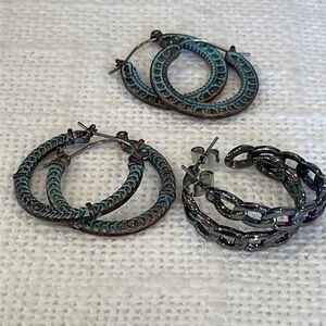 💐5/25 3 pair one inch hoops oxidized copper color silver hoops twisted